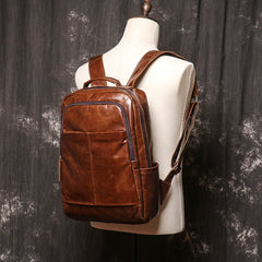 14'' Brown Leather Mens Backpack Laptop Rucksack Vintage School Backpack For Men