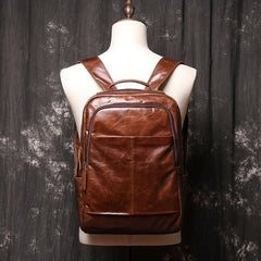 14'' Black Leather Mens Backpack Laptop Rucksack Vintage School Backpack For Men