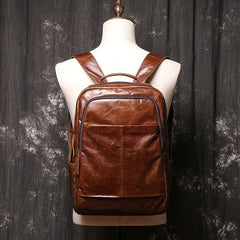 14'' Brown Leather Mens Backpack Laptop Rucksack Vintage School Backpack For Men