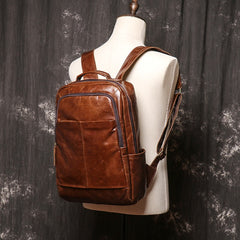 14'' Black Leather Mens Backpack Laptop Rucksack Vintage School Backpack For Men