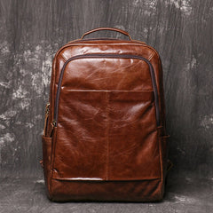 14'' Brown Leather Mens Backpack Laptop Rucksack Vintage School Backpack For Men