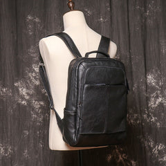 14'' Black Leather Mens Backpack Laptop Rucksack Vintage School Backpack For Men