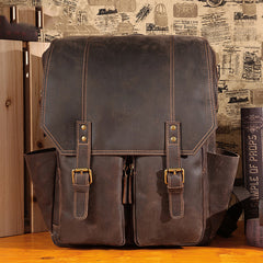 Coffee Leather Mens Satchel Backpack 14'' Laptop Rucksack Vintage School Backpack For Men