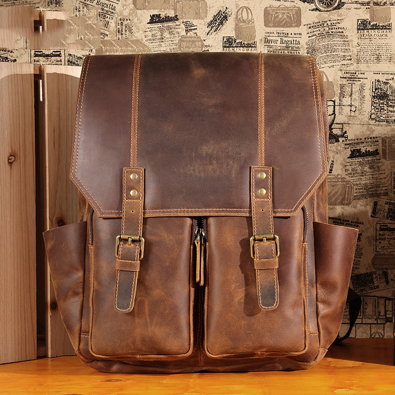Coffee Leather Mens Satchel Backpack 14'' Laptop Rucksack Vintage School Backpack For Men
