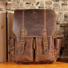 Brown Leather Mens Satchel Backpack 14'' Laptop Rucksack Vintage School Backpack For Men
