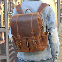 Brown Leather Mens Satchel Backpack 14'' Laptop Rucksack Vintage School Backpack For Men