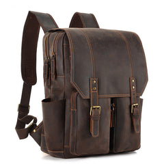 Coffee Leather Mens Satchel Backpack 14'' Laptop Rucksack Vintage School Backpack For Men