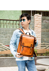 14'' Leather Mens Backpack Satchel Backpack Laptop Rucksack School Backpack For Men