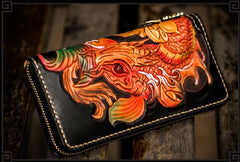Handmade Leather Tooled Carp Mens Chain Biker Wallet Cool Leather Wallet Long Phone Wallets for Men