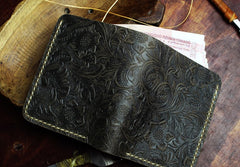 Handmade Leather Floral Mens Cool Slim Leather Wallet Men billfold Wallets Bifold for Men