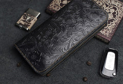 Handmade Leather Floral Mens Cool Travel Long Wallet Card Holder Card Slim Clutch Wallets for Men