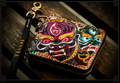 Handmade Leather Maheshvara Tooled Mens billfold Wallet Cool Chain Wallet Biker Wallet for Men