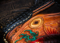 Handmade Leather Tooled Carp Mens Chain Biker Wallet Cool Leather Wallet Long Phone Wallets for Men