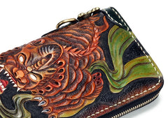 Handmade Leather Fortune Pixiu Mens Chain Biker Wallet Cool Leather Wallet With Chain Wallets for Men