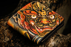 Handmade Leather Chinese Lion Tooled Mens billfold Wallet Cool Leather Wallet Slim Wallet for Men