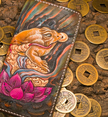 Handmade Leather Tooled Golden Toad Mens Chain Biker Wallet Cool Leather Wallet Long Phone Wallets for Men