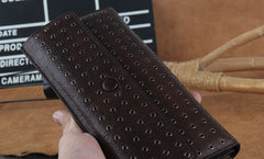 Genuine Leather Mens Cool Long Leather Wallet Zipper Clutch Wristlet Wallet for Men