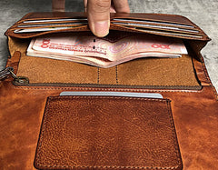 Handmade Genuine Leather Mens Cool Long Leather Wallet Biker Wallet Zipper Clutch Wristlet Wallet for Men