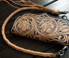 Handmade Leather Biker Wallet Tooled Floral Mens Cool Chain Wallet Trucker Wallet with Chain