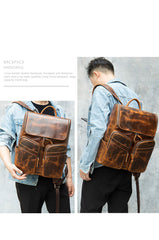 Leather Mens Satchel Backpack 15.6'' Laptop Rucksack Vintage School Backpack For Men