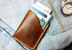 Mens Brown Leather Slim Front Pocket Wallets Leather Cards Wallet for Men - iwalletsmen