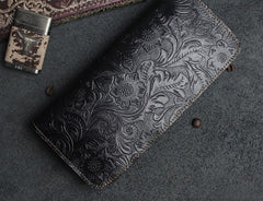 Handmade Leather Floral Mens Cool Travel Long Wallet Card Holder Card Slim Clutch Wallets for Men