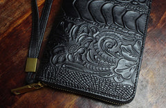 Handmade Leather Mens Tooled Floral Cool Zipper Phone Travel Long Wallet Card Holder Card Slim Clutch Wallets for Men