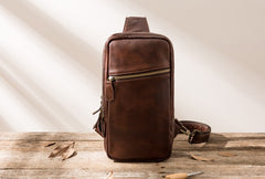 Coffee Leather Mens Sling Bag Sling Shoulder Bag Sling Backpacks for men - iwalletsmen