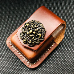 Brown Handmade Leather Mens Chinese Lion Zippo Lighter Holders Lighter Case For Men - iwalletsmen