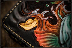 Handmade Leather Tooled Carp Mens Chain Biker Wallet Cool Leather Wallet Long Phone Wallets for Men
