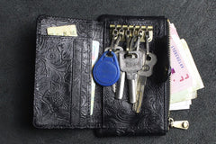 Handmade Leather Floral Mens Cool Key Wallet Wallet Card Holder Small Card Keychain Wallets for Men