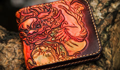 Handmade Leather Chinese Lion Tooled Mens billfold Wallet Cool Leather Wallet Slim Wallet for Men
