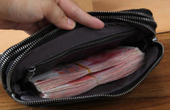 Handmade Genuine Leather Mens Cool Long Leather Wallet Zipper Clutch Wristlet Wallet for Men
