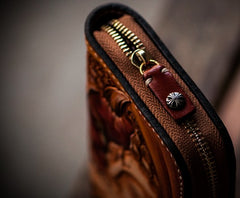 Handmade Leather Mens Clutch Wallet Cool Buddha&Demon Tooled Wallet Long Zipper Wallets for Men