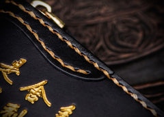 Handmade Leather Mens Chain Chinese Handwriting Biker Wallet Cool Leather Wallet Long Phone Wallets for Men