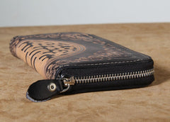 Handmade Genuine Leather Mens Cool Tooled Long Leather Wallet Bifold Clutch Wallet for Men