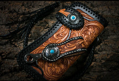 Handmade Mens Cool Tooled Floral Leather Chain Wallet Biker Trucker Wallet with Chain - iwalletsmen