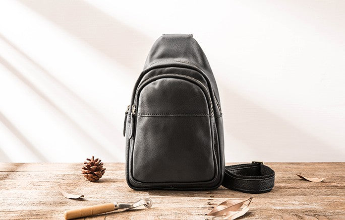 black leather sling backpack purse Leather Mens Black Sling Bag Sling Shoulder Bag Sling Backpack for men – iwalletsmen