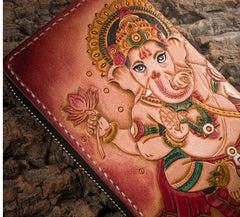 Handmade Leather Mens Clutch Wallet Tooled Cool Ganesha Wallet Long Zipper Wallets for Men