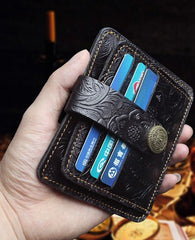 Handmade Leather Floral Mens Cool Front Pocket Wallet billfold Wallet Card Holder Small Card Slim Wallets for Men