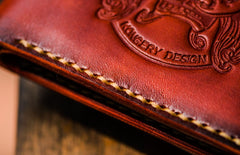 Handmade Leather Chinese Lion Tooled Mens billfold Wallet Cool Leather Wallet Slim Wallet for Men