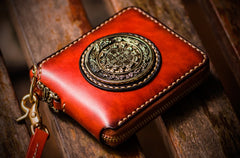 Handmade Leather Small Tibetan Tooled Mens billfold Wallet Cool Chain Wallet Biker Wallet for Men