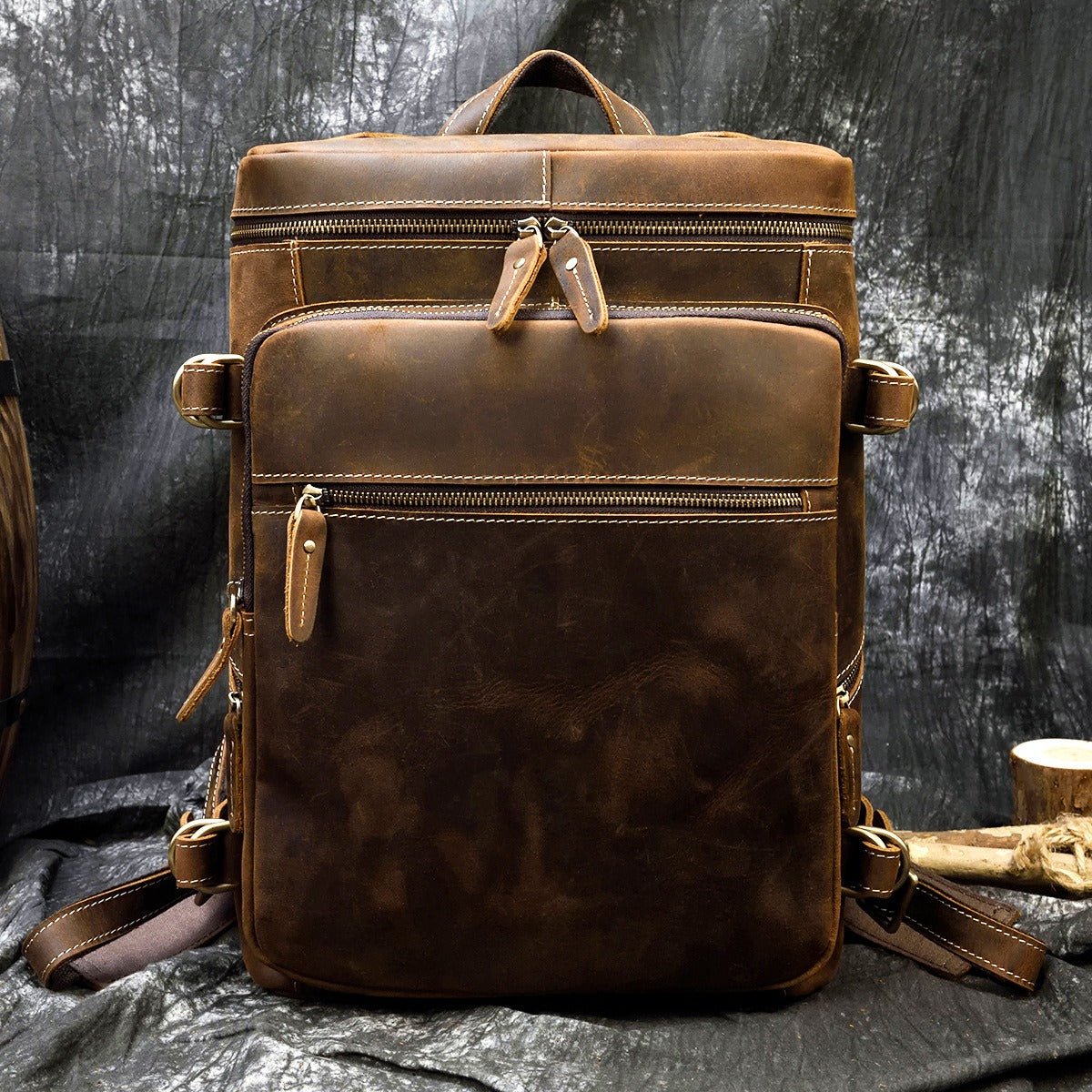 15'' Leather Mens Satchel Backpack Barrel Laptop Rucksack Vintage School Backpack For Men