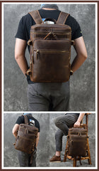 15'' Leather Mens Satchel Backpack Barrel Laptop Rucksack Vintage School Backpack For Men