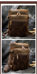 15'' Leather Mens Satchel Backpack Barrel Laptop Rucksack Vintage School Backpack For Men