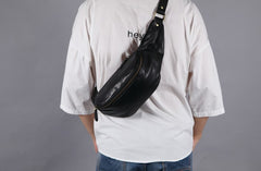 Black Mens Leather Fanny Packs Mens Waist Bag Black Hip Pack Belt Bag Chest Bag for Men - iwalletsmen