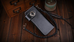 Handmade Leather Mens Cool Black Obsidian Chain Wallet Biker Trucker Wallet with Chain