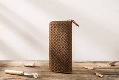 Cool Leather Mens Braided Long Zipper Clutch Wallet Long Wallet for Men - iwalletsmen
