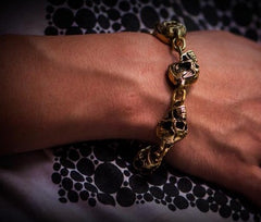 Silver Brass Stainless Steel Biker Trucker Skull Heavy Gothic Skulls Mens Bracelet Biker Jewelry