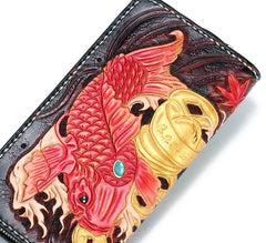 Handmade Leather Carp Mens Chain Biker Wallet Cool Leather Wallet Long Phone Wallets for Men
